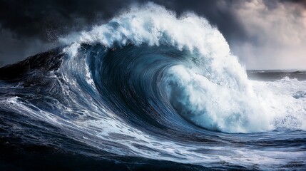 A massive tsunami wave rising powerfully from the ocean, captured in mid-motion as it curls and towers over the horizon. The wave is detailed with turbulent water, white foam, and dark.