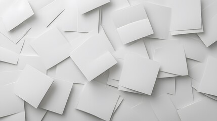 Fototapeta premium 3d render, abstract white geometric background, minimal flat lay, twisted deck of square blank cards with rounded corners. 