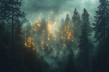illustration featuring digital abstract technology with space for titles, layered over a forest background. Ideal for tech design concepts.	
