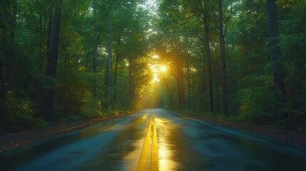 Obraz premium a firstperson view through a car windshield driving along a dense forest road sunlight filtering through the trees creating a sense of adventure and exploration in natures beauty