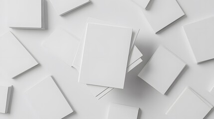 3d render, abstract white geometric background, minimal flat lay, twisted deck of square blank cards with rounded corners. 