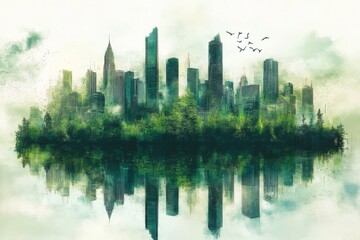 Cityscape with skyscrapers reflecting in water surrounded by nature