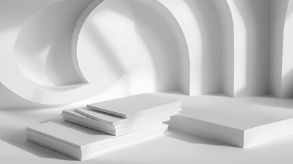 3d render, abstract white geometric background, minimal flat lay, twisted deck of square blank cards with rounded corners. 