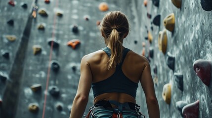 A woman is climbing a wall with a rope around her waist