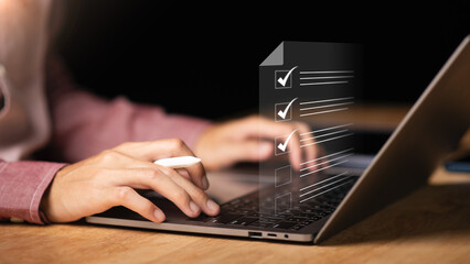 Businessman showing online document validation icon, Concepts of practices and policies, company...