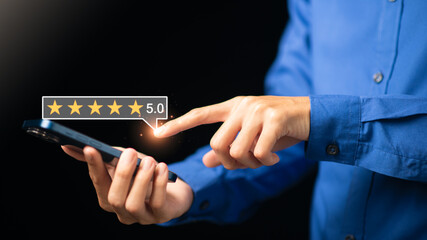 customer service and satisfaction concept,service satisfaction,very impressive rating,Evaluation and Audit,Consumer and 5 star icon,Represents the highest quality in terms of products and services.