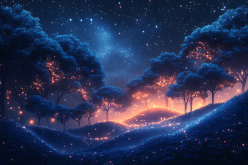 Obraz premium illustration featuring digital abstract technology with space for titles, layered over a forest background. Ideal for tech design concepts. 