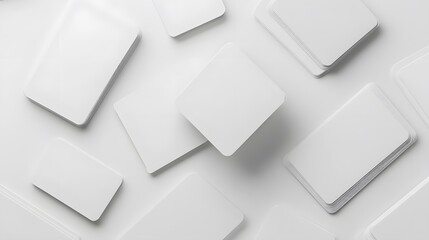 3d render, abstract white geometric background, minimal flat lay, twisted deck of square blank cards with rounded corners. 