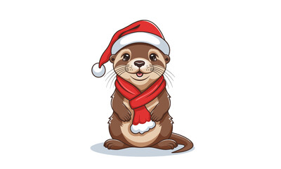 Vector cartoon sitting cute funny little otter in red scarf and Santa Claus hat. Merry Christmas and Happy New Year. White isolated background.