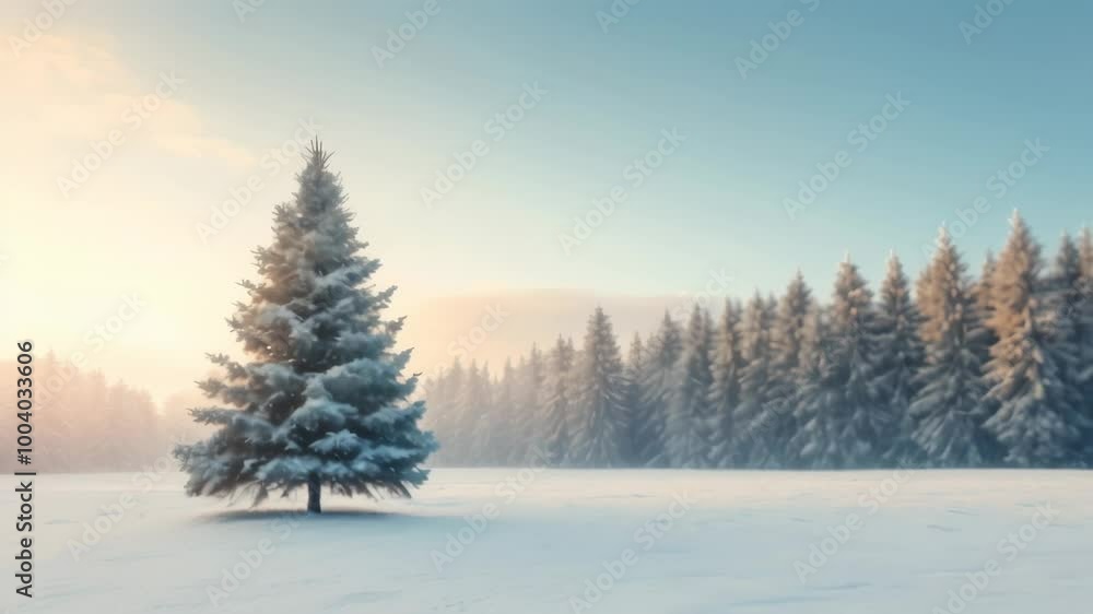 Poster serene winter landscape with a single evergreen tree in a snowy field, surrounded by a forest bathed