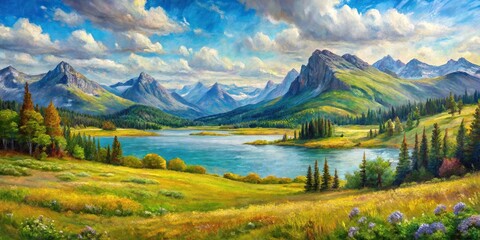 Wide-Angle Impasto oil painting of meadow lakes and mountains in background Northern landscape © Sayfar