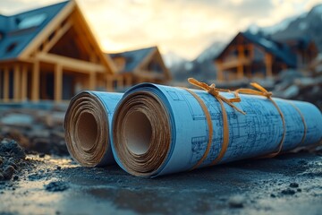 Fototapeta premium Rolled blueprints for wooden house construction and architectural design