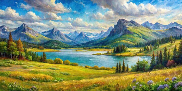 Wide-Angle Impasto oil painting of meadow lakes and mountains in background Northern landscape