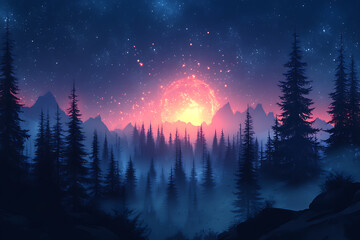 illustration featuring digital abstract technology with space for titles, layered over a forest background. Ideal for tech design concepts.	
