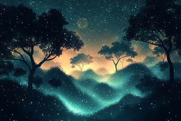illustration featuring digital abstract technology with space for titles, layered over a forest background. Ideal for tech design concepts.	

