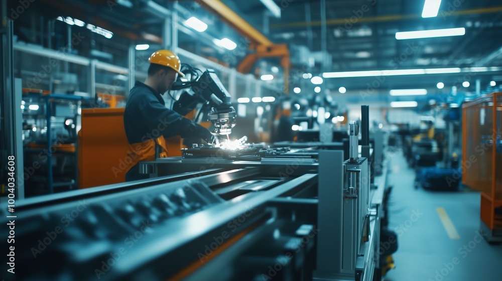 Wall mural A factory worker operating advanced machinery in a warehouse during daylight hours focusing on precision manufacturing tasks