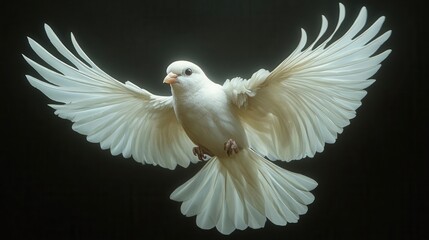 Obraz premium a hovering bird captured midflight wings spread wide against a stark dark backdrop showcasing its graceful form and intricate feather details evoking a sense of freedom and motion