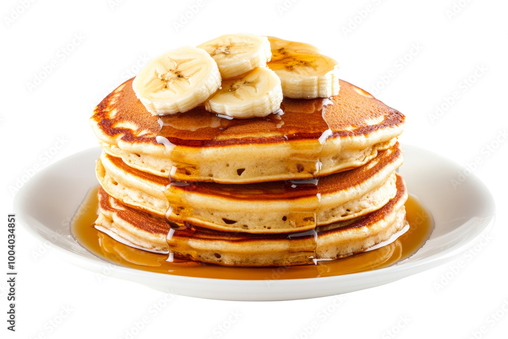 Aufkleber Stack of banana pancakes topped with sliced bananas and maple syrup ,Isolated on transparent background