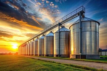 Obraz premium Wide-angle metal structures for storing agricultural products during sunset backlight