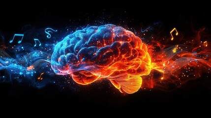 Fototapeta premium a human brain is depicted with vibrant musical waves and floating music notes illustrating the connection between creativity and mental health the lively colors evoke positivity and inspiration