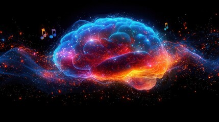 a human brain is depicted with vibrant musical waves and floating music notes illustrating the connection between creativity and mental health the lively colors evoke positivity and inspiration