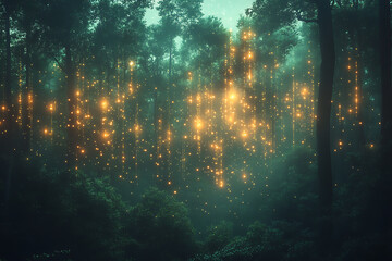 illustration featuring digital abstract technology with space for titles, layered over a forest background. Ideal for tech design concepts.	
