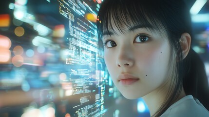 A Woman's Face Reflected in a Digital Display with Blue and White Light Streaks