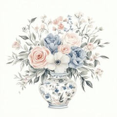 Obraz premium A delicate floral arrangement in a decorative vase, showcasing various blossoms and greenery.