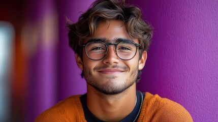 Fototapeta premium a joyful portrait of a confident teenage boy with a bright smile captured in a vibrant purple studio reflecting the energy and enthusiasm of youth and education in a modern context