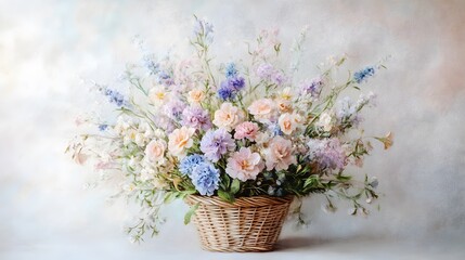 Obraz premium A beautiful painting of wildflowers in pastel colors, arranged artistically inside an elegant white wicker basket