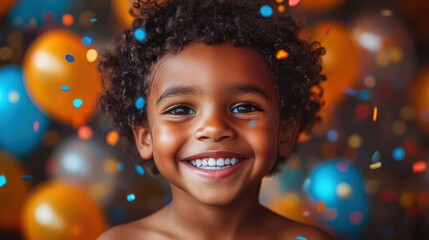 a joyous child with bright eyes and a big smile celebrating the joy of having comprehensive health and dental care surrounded by colorful balloons and playful confetti