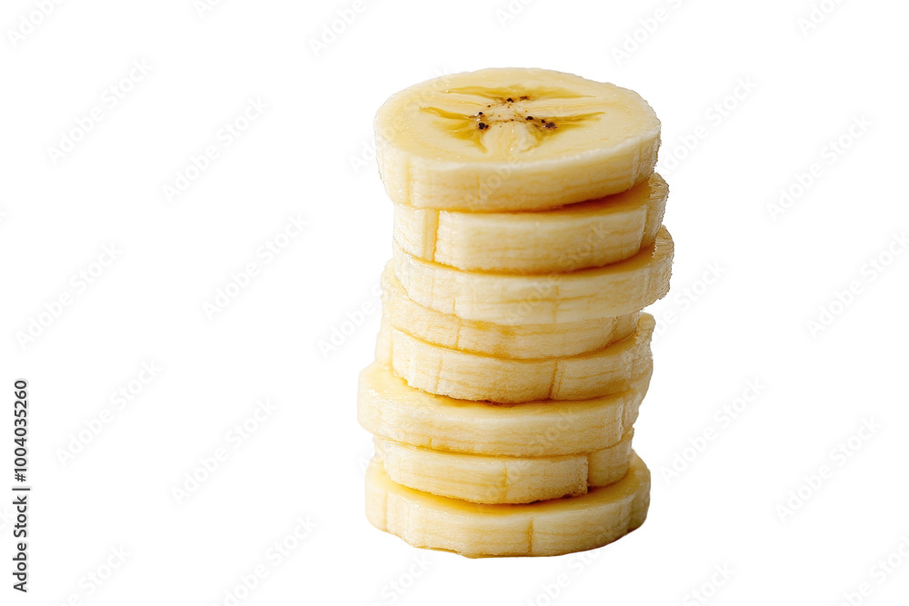 Poster Sliced banana rounds stacked on top of each other ,Isolated on transparent background