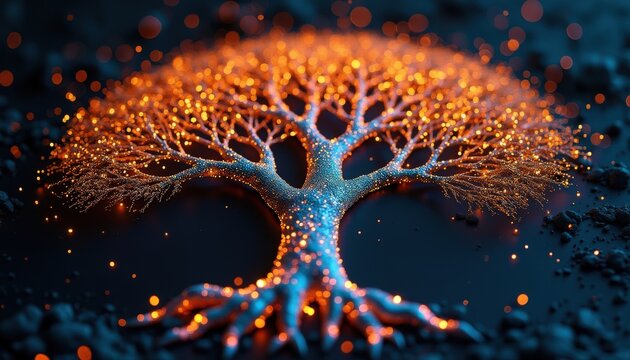 L&rsquo;arbre abstrait, par&eacute; de lumi&egrave;res bleu et orange, se dresse dans une composition graphique audacieuse, un contraste &eacute;clatant entre froideur et chaleur.