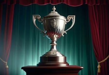 A silver trophy on a podium with red curtains and spotlights in the background