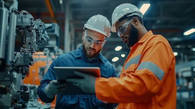 Workers collaborating on a tablet while inspecting industrial machinery in a manufacturing facility during daytime operations