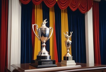 A silver trophy on a podium with red curtains and spotlights in the background