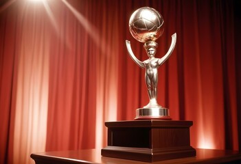 A silver trophy on a podium with red curtains and spotlights in the background