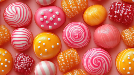 Fototapeta premium Seamless pattern of 3d colorful pink lollipops, caramels, sweets, dessert, food, trick or treat, candy, sugar, background, wallpaper, place for text, design