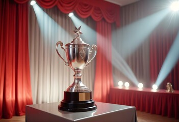 A silver trophy on a podium with red curtains and spotlights in the background