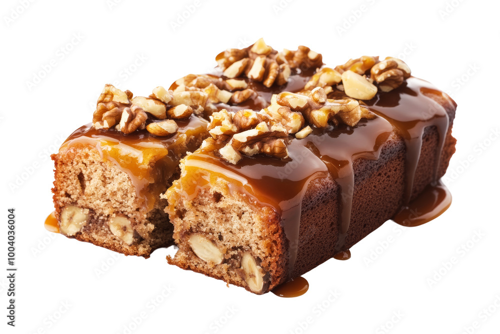 Poster Sliced banana cake topped with caramel drizzle and nuts ,Isolated on transparent background