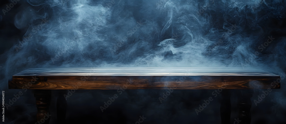 Poster a dark background enhances the visual appeal of an empty wooden table with smoke rising creating an 