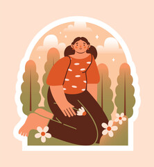 Woman sitting on outdoors, nature with flower in hand. Meditation, balance, harmony. Naive cute illustration of peaceful female person among summer landscape, trees, flowers, clouds. Mental health.
