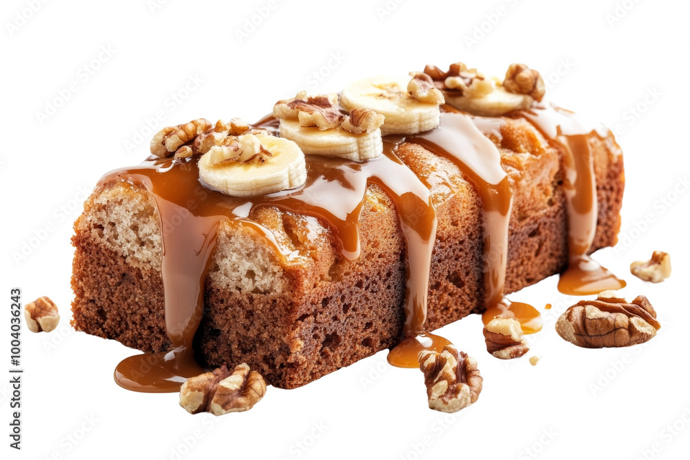 Poster Sliced banana cake topped with caramel drizzle and nuts ,Isolated on transparent background