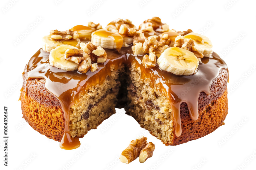 Poster Sliced banana cake topped with caramel drizzle and nuts ,Isolated on transparent background