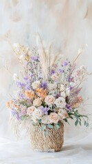Obraz premium A beautiful painting of wildflowers in pastel colors, arranged artistically inside an elegant white wicker basket