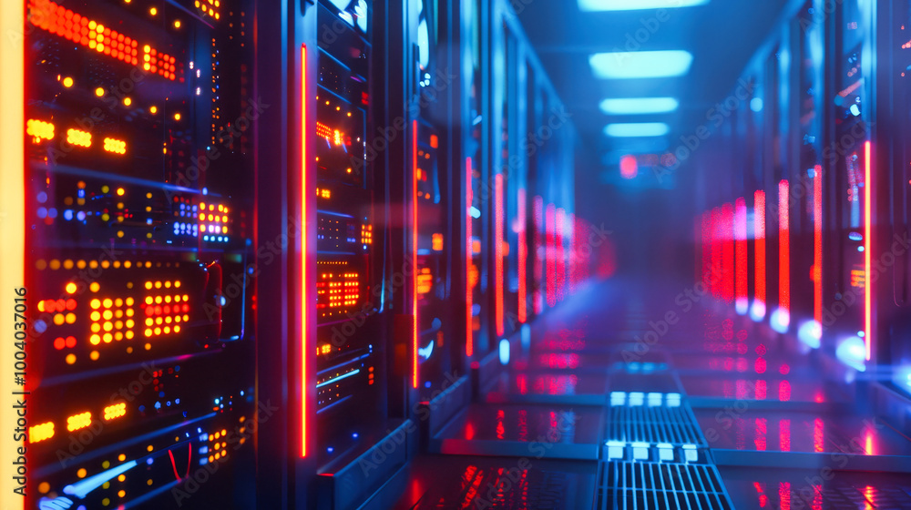 Poster data center with a row of computer servers. abstract generic concept of cyberspace, communication an