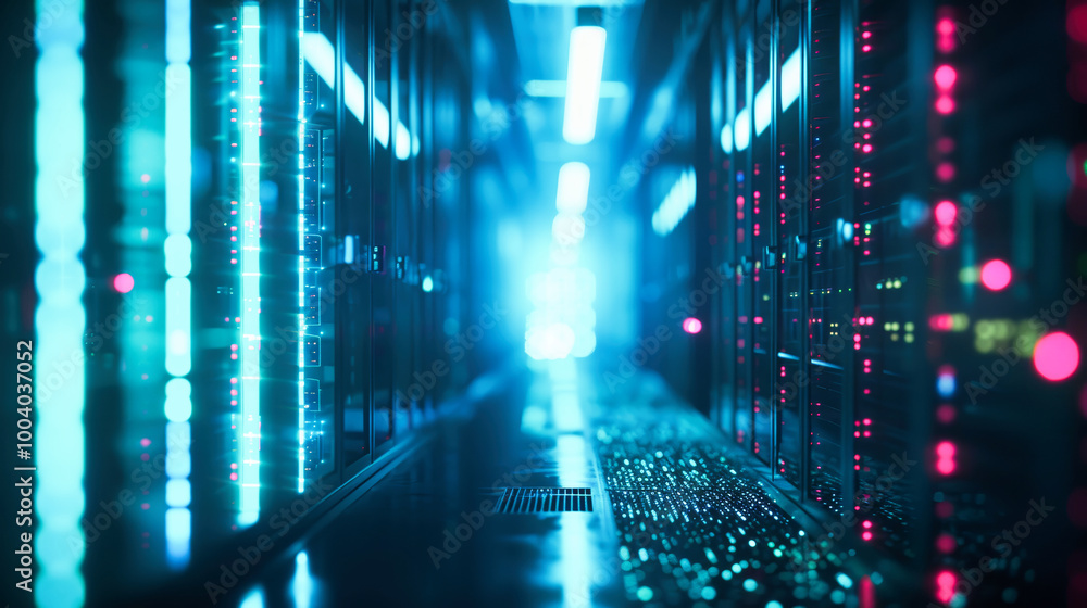 Poster data center with a row of computer servers. abstract generic concept of cyberspace, communication an