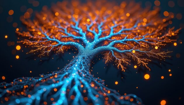 Un arbre lumineux aux branches &eacute;clatantes de bleu et orange se dessine dans une abstraction vibrante, chaque couleur s'entrelace en une danse graphique captivante.