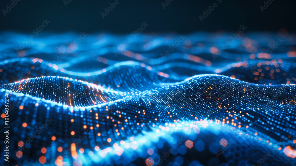 Poster abstract digital data stream with glowing lines on dark blue background