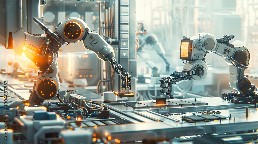 Poster a high-tech factory with robotic arms working on circuit boards
